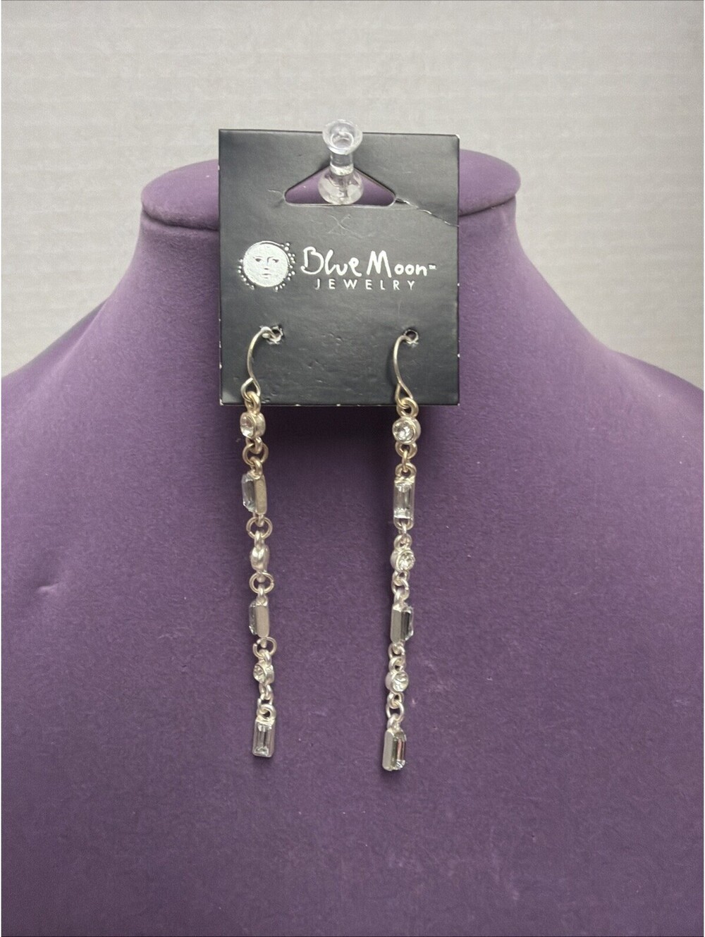 Vintage Blue Moon Silvertone Long Dangle Crystal Earrings Round Rectangular 3.5”